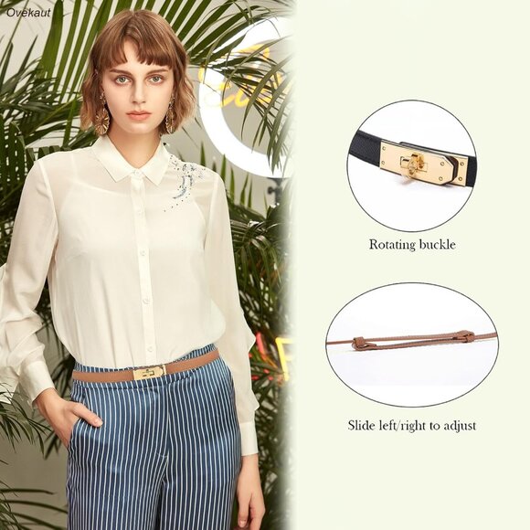 Women Skinny Leather Belt Adjustable Waistband Gold Turn Lock for Dresses Jeans - Picture 3 of 6